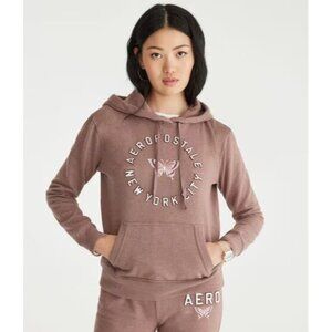Aeropostale Mauve Butterfly Embroidered Logo Fleece Pullover Hoodie Size Medium
